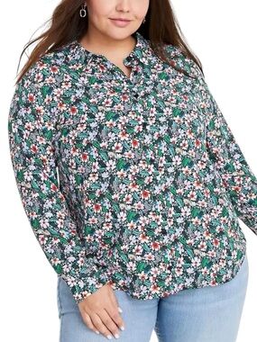 On 34th Macy’s long sleeve floral button-down blouse black green size XL